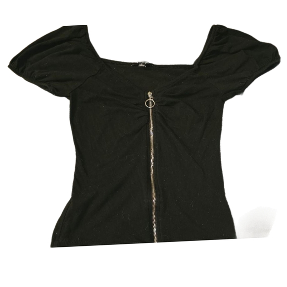Ambiance Black Puff Sleeve Zippered Blouse - Picture 1 of 2